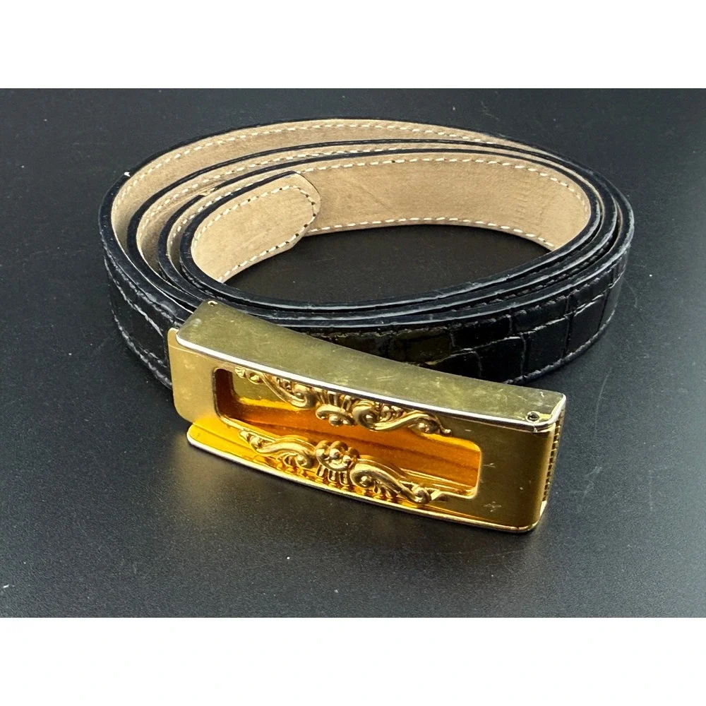 Vintage Black Croc Embossed Leather Belt Ornate Gold Buckle Spain Pat .75x35